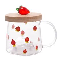 Caneca De Vidro E Pires Bambu 330ml Com Morango Decorativo