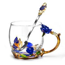 Caneca de vidro esmaltada OEAGO com rosa azul e colher de borboleta