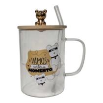 Caneca de Vidro Frases Sortidas Urso Dourado e Prata c/ canudo c/tampa de Bambu