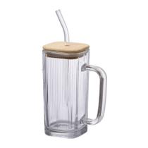 Caneca De Vidro Grafiato Com Tampa De Bambu 290 ml - Hauskraft