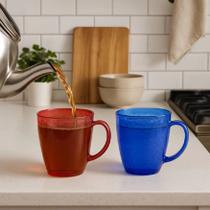 Caneca De Vidro Haüskraft Kit com 2 Canecas Decoradas Azul e Vermelho 350ml Huis