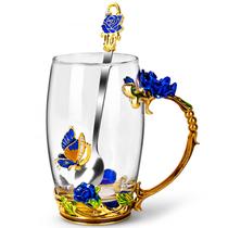 Caneca de vidro OEAGO Butterfly Rose Enamel com conjunto de colheres