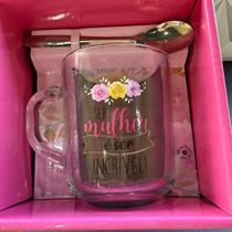 Caneca de vidro personalizada para mulher com colher na caixa para presente dia das mães mae 250ml café chá leite xicara Caneca de vidro personalizada para mulher com colher na caixa para presente dia das mães mae 250ml café chá leite xicara