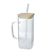 Caneca de vidro quadrada com canudo e tampa de bambu 350ml Caneca de vidro quadrada com canudo e tampa de bambu 350ml