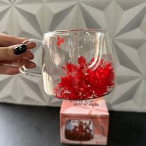 Caneca decorada com flores vermelha de vidro borossilicato parede dupla com alça 200ml na caixa presente flor chá leite
