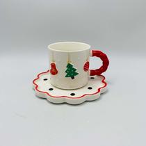 Caneca Decorada com Pires Natal Branca e Vermelha 250ml