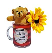 Caneca Dia das Mães 330ml + Urso Pelúcia + Girassol Presente Cor:Listras Vermelhas