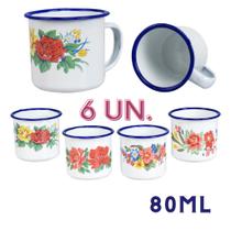 Caneca Esmaltada Branca Decorada kit 6 unidades xicara retro 80ml