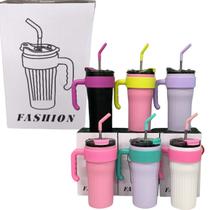 Caneca fashion colorida com canudo 800ml cores sortidas