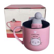 Caneca Gata Gatinha Eu Amo Gatos E Chá Com Boneco Infusor De Chá Cerâmica Rosa 350Ml - Zona Criativa