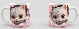 Caneca Gatinho Fofo 3D Cerâmica Branca 325ml Premium