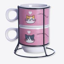 Caneca Gatinhos Cerâmica + Suporte Metal com 2 peças para café ou chá 150ml - Zona Criativa