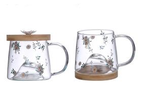Caneca Lyor Daisy De Vidro Com Pires De Bambu 330ml