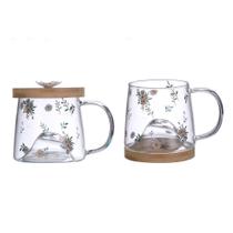 Caneca Lyor Daisy De Vidro Com Pires De Bambu 350Ml