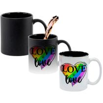 Caneca Mágica Fosca Interna Preta Muda de Cor 325ml AMOR E AMOR CORACAO CORES BANDEIRA LGBTQIA