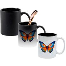 Caneca Mágica Fosca Interna Preta Muda de Cor 325ml BORBOLETA AZUL E LARANJA AQUARELA