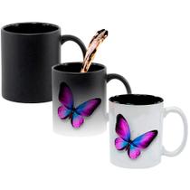 Caneca Mágica Fosca Interna Preta Muda de Cor 325ml Borboleta Neon Roxo Cores Vivas