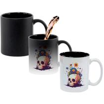 Caneca Mágica Fosca Interna Preta Muda de Cor 325ml CAVEIRA FLORES ROXAS AMARELAS