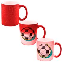 Caneca Mágica Glitter Vermelha de Porcelana 325ml BOLA FUTEBOL PRETA BRANCA E AMARELA