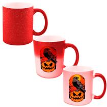 Caneca Mágica Glitter Vermelha de Porcelana 325ml Halloween Corvo Abobora Macabra Caneca Mágica Glitter Vermelha de Porcelana 325ml Halloween Corvo Abobora Macabra