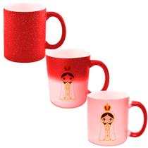 Caneca Mágica Glitter Vermelha de Porcelana 325ml Nossa Senhora de Fatima