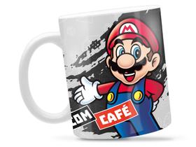 Caneca Mario Com Café Divertida Porcelana Xícara 325ml + Caixa Presente