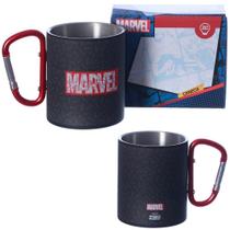 Caneca Marvel Preta Aço Inox Com Mosquetão 300Ml Oficial