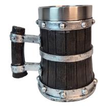 Caneca Medieval Artesanal Barril Escuro Geek 3D em Resina Copo em Aço Inox Grande Térmico 600ML