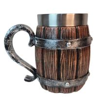 Caneca Medieval Artesanal Barril Geek 3D em Resina Copo em Aço Inox Grande Térmico Chopp Cerveja Pr