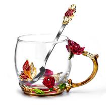 Caneca OEAGO Glass Coffee Enamel Butterfly Rose 330 ml para mulheres Caneca OEAGO Glass Coffee Enamel Butterfly Rose 330 ml para mulheres