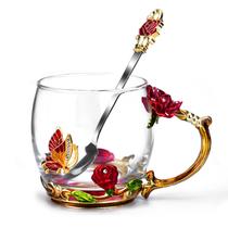 Caneca OEAGO Glass Coffee Enamel Butterfly Rose 330 ml para mulheres