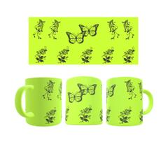 Caneca Personalizada Amarelo Neon Fluorescente Natureza Flores/Borboletas