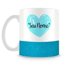 Caneca Personalizada Base Glitter Azul com Coração e Nome