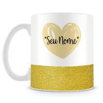 Caneca Personalizada Base Glitter Dourado com Coração e Nome