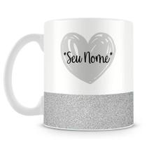 Caneca Personalizada Base Glitter Prata com Coração e Nome