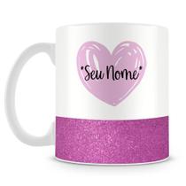 Caneca Personalizada Base Glitter Roxo com Coração e Nome