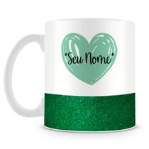 Caneca Personalizada Base Glitter Verde com Coração e Nome