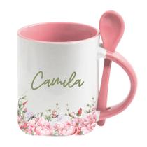Caneca Personalizada com Colher e Nome Estampa Floral Delicada para Presentes Caneca Personalizada com Colher e Nome Estampa Floral Delicada para Presentes