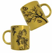 Caneca Personalizada de Porcelana Cromada Dourada Espelhada Paisagem de Outono
