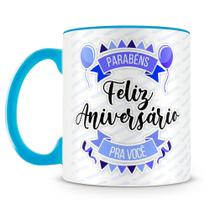 Caneca Personalizada Feliz Aniversário Azul - Porcelana de Alto Brilho