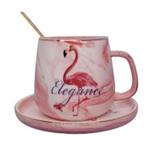 Caneca Pires De Porcelana e Colher Estampa De Flamingo 350ml