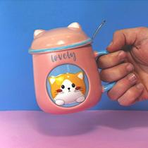 Caneca Porcelana 3D com Tampa e Colher Gatinho Rosa