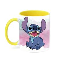 Caneca Porcelana Alça Colorida Stitch Feliz 325ml Resistente