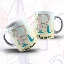 Caneca Porcelana Alfabeto Floral Glitter Personalizada Com Inicial E Nome Todas As Letras E Nome