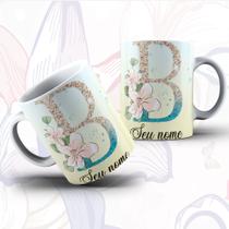 Caneca Porcelana Alfabeto Floral Glitter Personalizada Com Inicial E Nome Todas As Letras E Nome