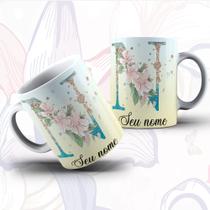 Caneca Porcelana Alfabeto Floral Glitter Personalizada Com Inicial E Nome Todas As Letras E Nome