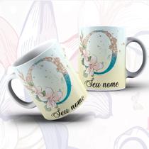 Caneca Porcelana Alfabeto Floral Glitter Personalizada Com Inicial E Nome Todas As Letras E Nome