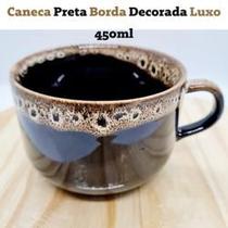 Caneca Porcelana Café e Sopa Jumbo Preta Luxo Borda Decorada 480ml - zein imporadora