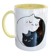 Caneca Porcelana Gatos Yin Yang Preto Branco Fofos