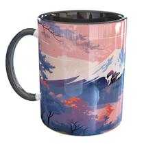 Caneca Porcelana Japão Sakura Cerejeiras Monte Fuji Pagoda